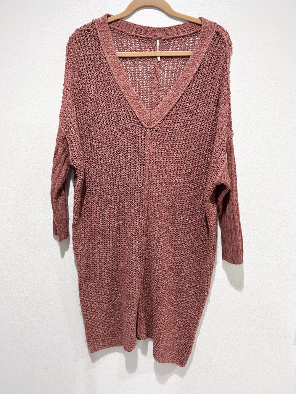 Free People Women's V-Neck Open Knit Sweater Dress - Dusty Rose brown